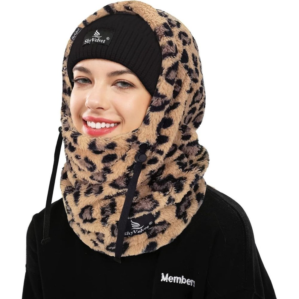 Women's Polyester Leopard Velvet Wind-Resistant Face Cover Hat Cap Scarf